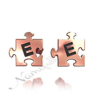 Custom Stud Earrings with Initial, Puzzle Piece and Block Print in Rose Gold Plated
