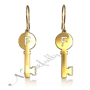 Personalized Earrings of Dangling Keys with Block Print in 18k Yellow Gold Plated