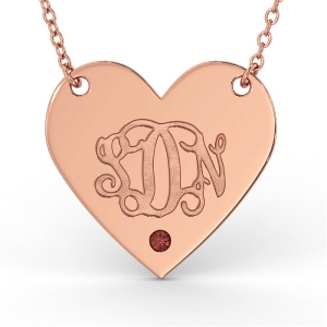 Monogram Heart Necklace with Birthstone in 14K Rose Gold