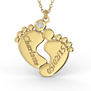 Personalized Baby Feet Name Necklace with Diamond in 10K Yellow Gold 