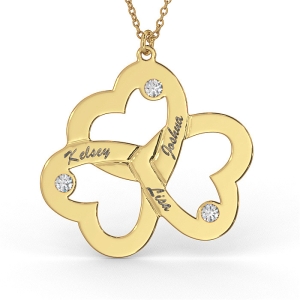 Triple Heart Necklace with Diamonds in 18K Yellow Gold Plated