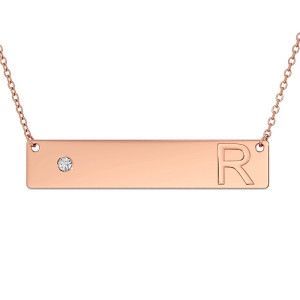 Horizontal Bar Necklace with Initials and Diamond in 14k Rose Gold