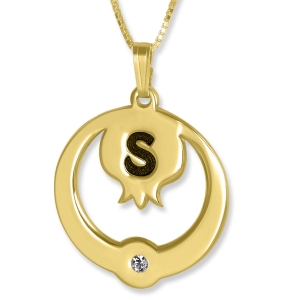 Double Thickness Pomegranate Initial Necklace with Birthstone, 24k Gold Plated Silver