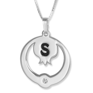 Double Thickness Silver Initial Pendant with Birthstone, Pomegranate