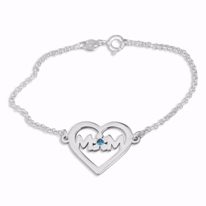 Double Thickness Sterling Silver Double Initials Heart and Flower Bracelet with Birthstone