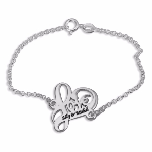 Double Thickness Sterling Silver Personalized Love Script Couples Name Bracelet