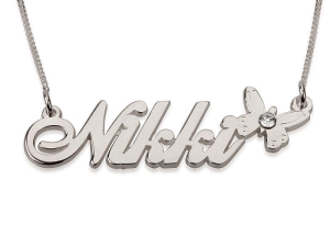 Double Thickness Name Necklace Calligraphy Style with Butterfly, Sterling Silver with Birthstone