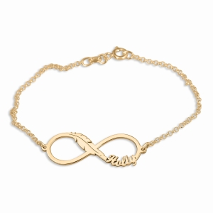 Double Thickness Gold-Plated Infinity Name Bracelet with Feather