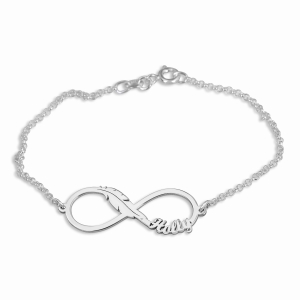 Double Thickness Sterling Silver Infinity Name Bracelet with Feather