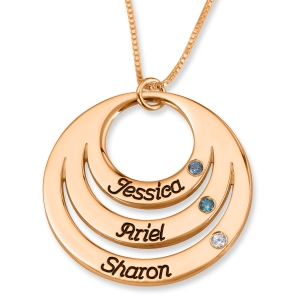 24k Rose Gold Plated Double Thickness Open Disk Mother's Triple Name Necklace with Birthstones