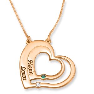 24k Rose Gold Plated Double Thickness Echoing Hearts Two Names and Birthstones Necklace 