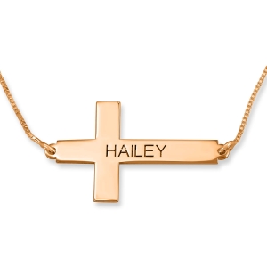 24k Rose Gold Plated Silver Roman Cross Personalized Bar Name Necklace