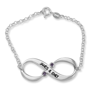 Sterling Silver Double Thickness Couple’s Infinity Two Names & Birthstones Bracelet