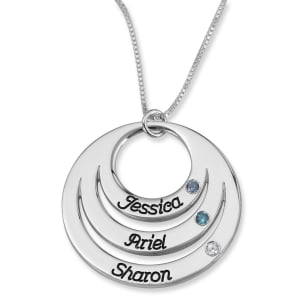 Double Thickness Mother's Triple Name Open Disc Birthstone Necklace, Sterling Silver