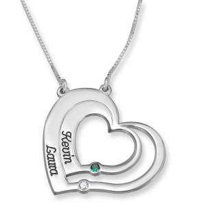Double Thickness Double Heart Name Necklace With Birthstones, Sterling Silver