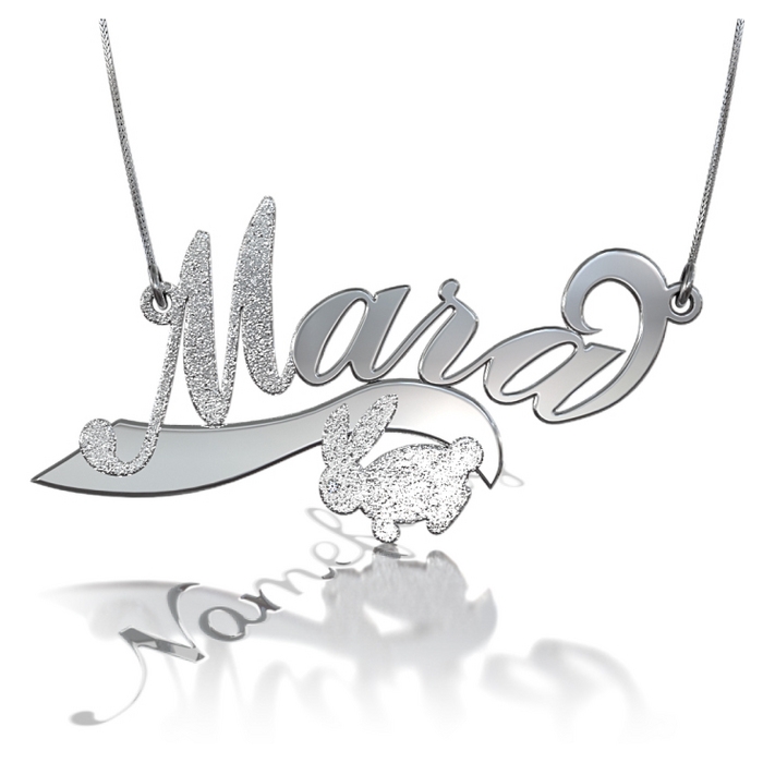 Sparkling Name Necklace with Bunny and Diamonds in Sterling Silver - "Mara" - 1