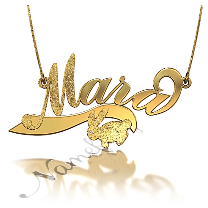 Sparkling Name Necklace with Bunny and Diamonds in 18k Yellow Gold Plated Silver - "Mara" - 1