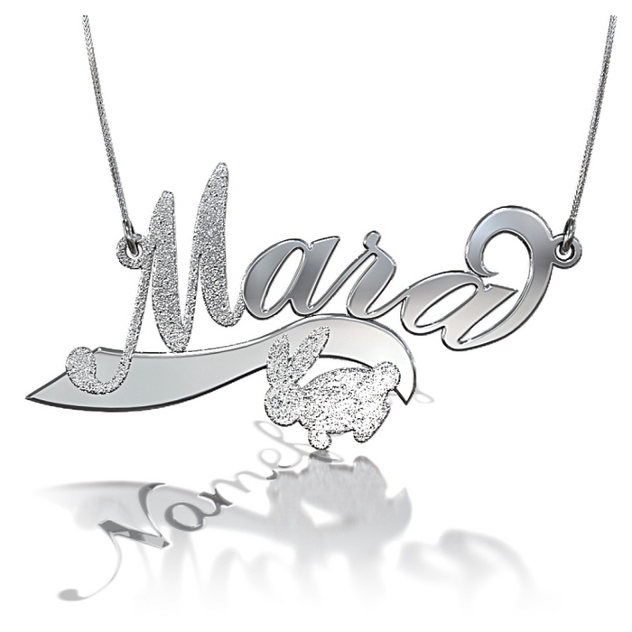 Sparkling Name Necklace with Bunny and Diamonds in 14k White Gold - "Mara" - 1