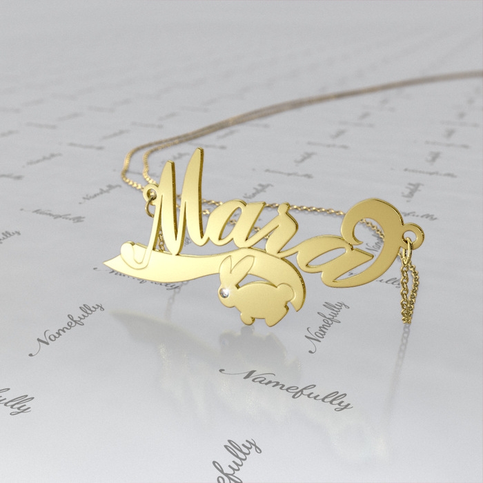 Name Necklace with Bunny and Diamonds in 18k Yellow Gold Plated Silver - "Mara" - 1