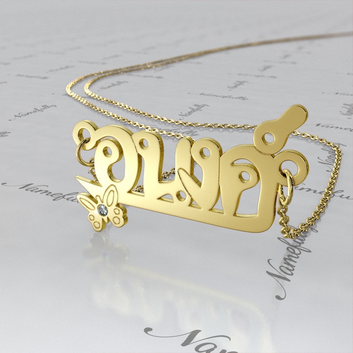 Thai Name Necklace with Butterfly and Diamonds in 18k Yellow Gold Plated Silver - "Anong" - 1