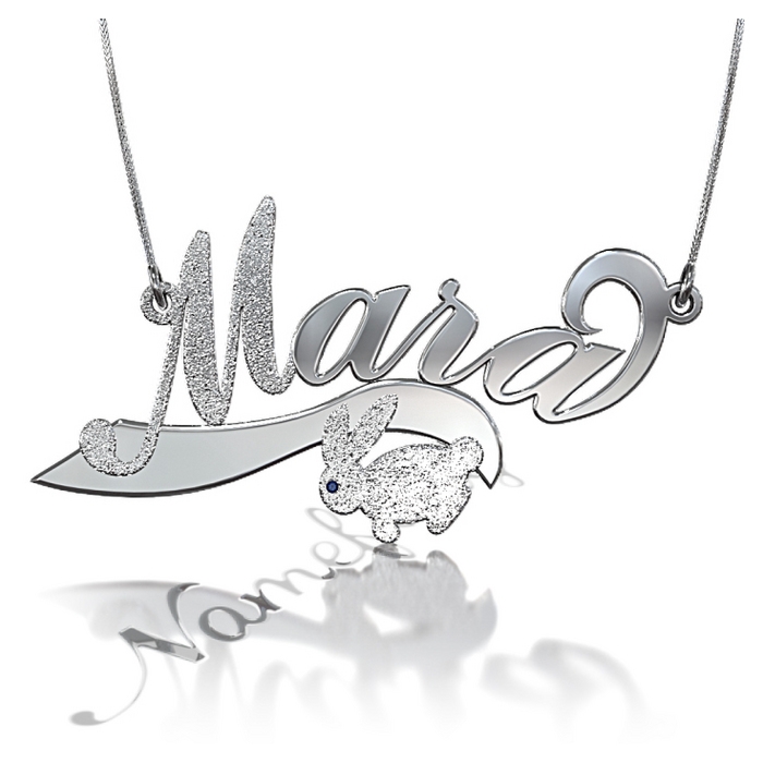 Sparkling Name Necklace with Bunny & Swarovski Birthstones in 10k White Gold - "Mara" - 1
