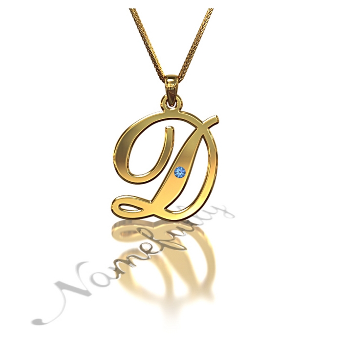 Initial Necklace in Script Font with Swarovski Birthstones in 10k Yellow Gold - "It Starts with D" - 1