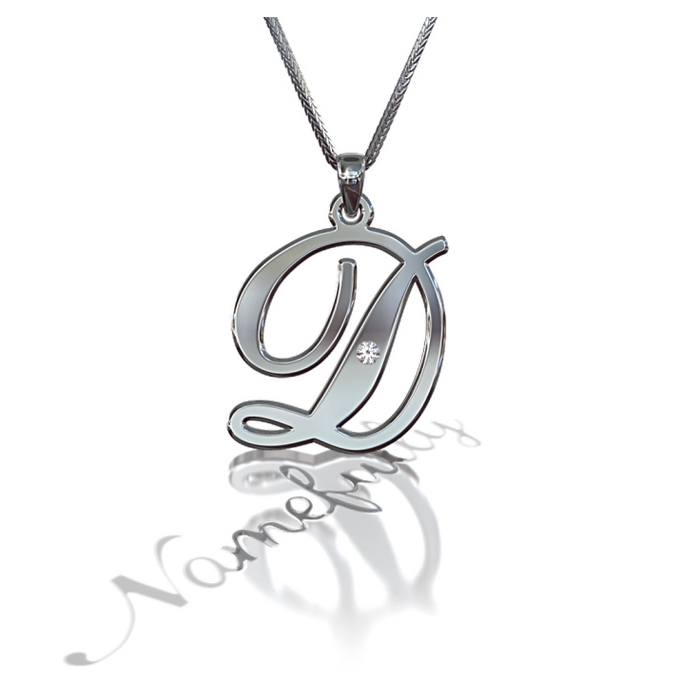 Initial Necklace in Script Font with Diamonds in 10k White Gold - "It Starts with D" - 1