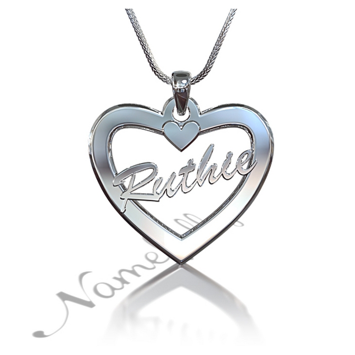 Name Necklace in Heart-Shaped Pendant with Script Font in 10k White Gold - "Ruthie" - 1
