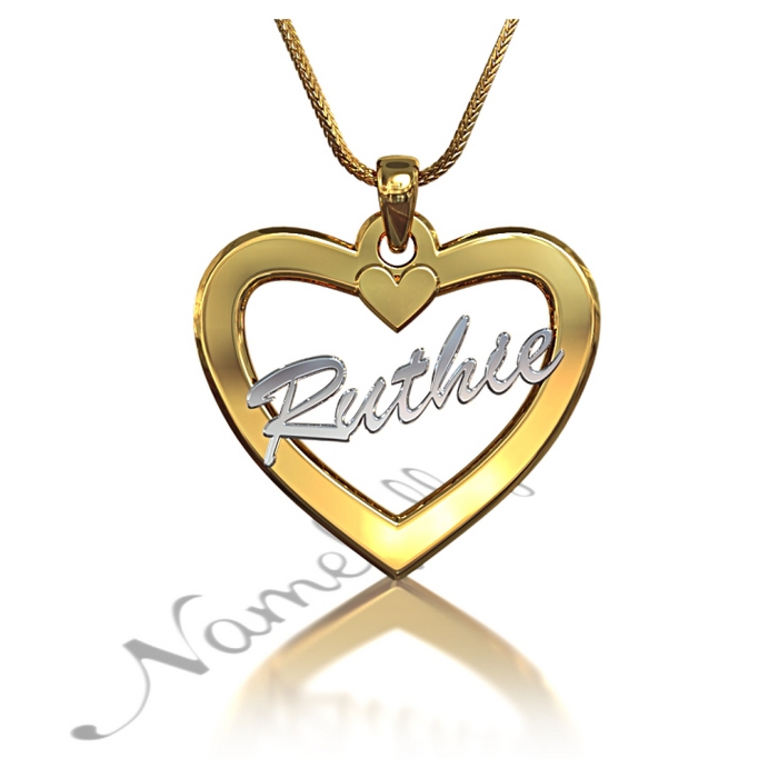 Name Necklace in Heart-Shaped Pendant with Script Font - "Ruthie" (Two-Tone 10k White & Yellow Gold) - 1