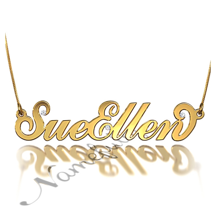 Carrie Style Name Necklace with Two Names & Diamonds in 18k Yellow Gold Plated Silver - "SueEllen" - 1