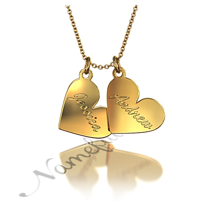 Couple Name Necklace with Two Hearts in 14k Yellow Gold - "Jessica loves Andrew" - 1