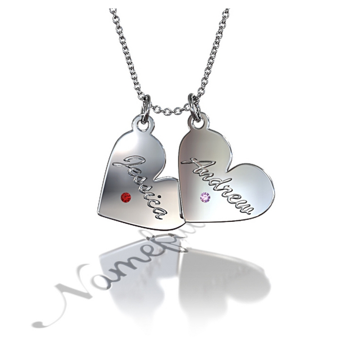 Couple Name Necklace with Two Hearts & Swarovski Birthstones in 14k White Gold - "Jessica loves Andrew" - 1