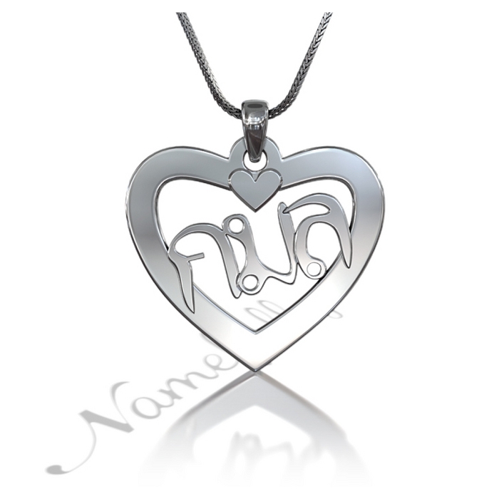 Thai Name Necklace in Heart-Shaped Pendant in Sterling Silver - "Kamon" - 1