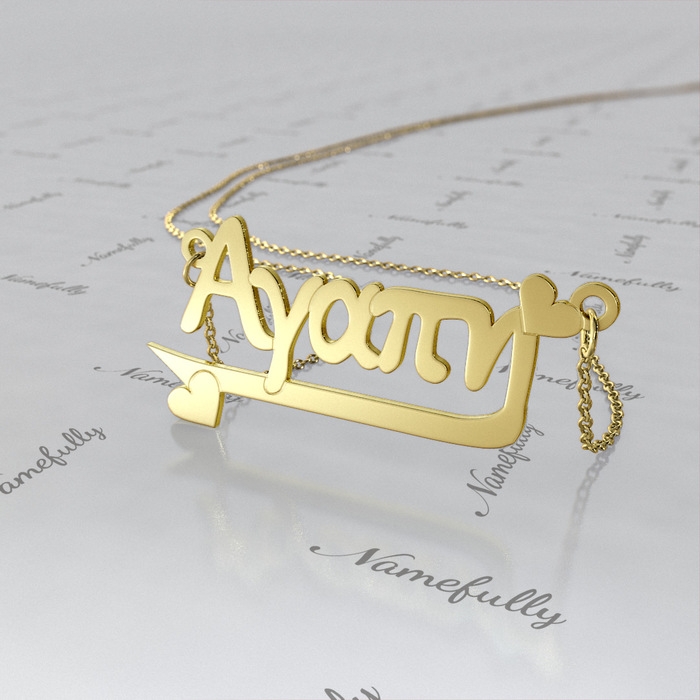 14k Yellow Gold Greek Name Necklace with Hearts - "Agape" - 1