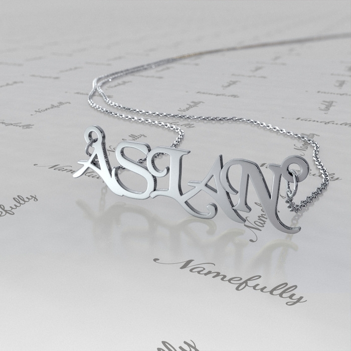 Turkish Name Necklace in Stylized Font in 14k White Gold - "Aslan" - 1