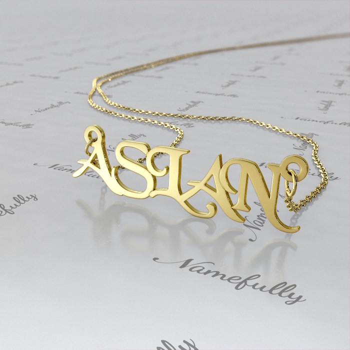Turkish Name Necklace in Stylized Font in 14k Yellow Gold - "Aslan" - 1