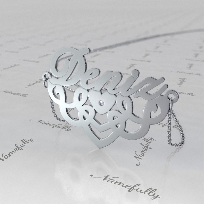 Turkish Name Necklace with Hearts Design and Diamonds in 14k White Gold - "Deniz" - 1