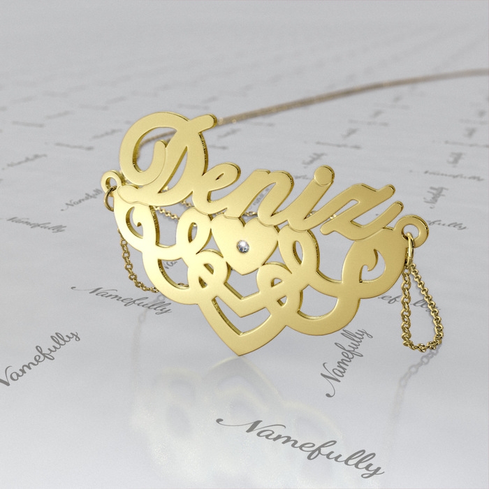 Turkish Name Necklace with Hearts Design and Diamonds in 14k Yellow Gold - "Deniz" - 1