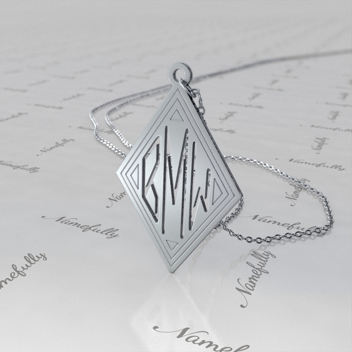 Monogram Necklace with Diamond Shape in 14k White Gold - "BMW" - 1