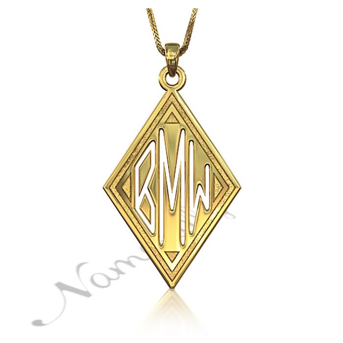 Monogram Necklace with Sparkling Diamond-Shape in 18k Yellow Gold Plated Silver - "BMW" - 1