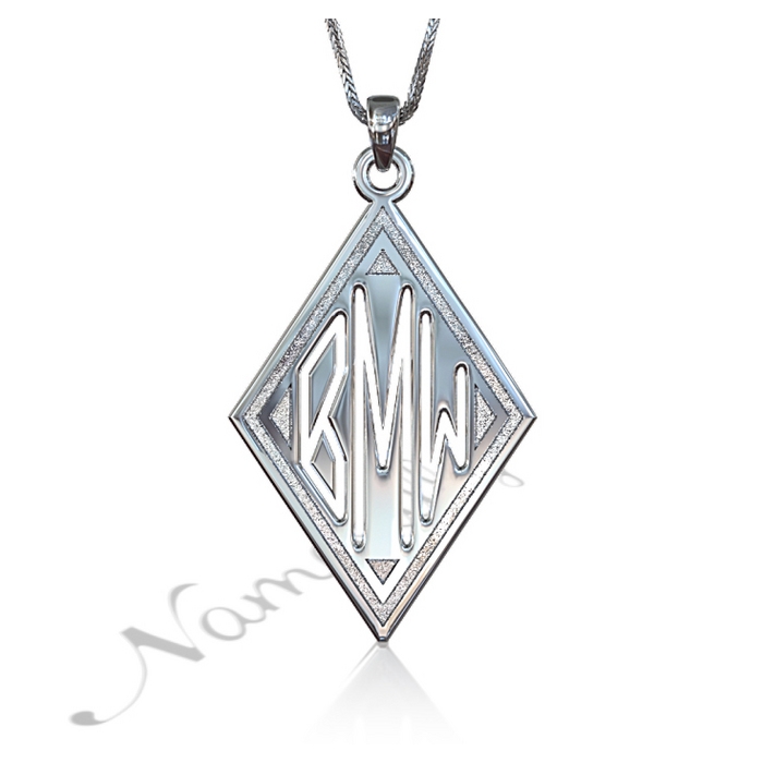 Monogram Necklace with Sparkling Diamond-Shape in 14k White Gold - "BMW" - 1