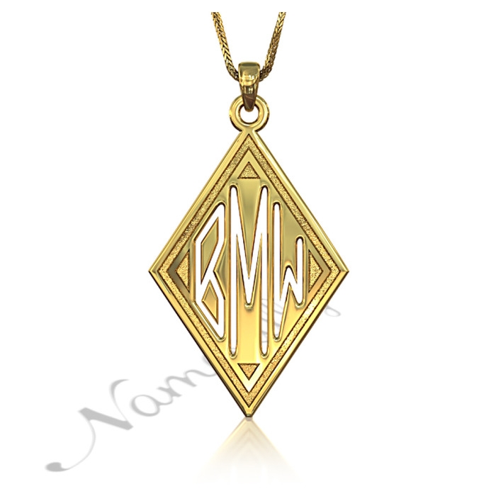 Monogram Necklace with Sparkling Diamond-Shape in 14k Yellow Gold - "BMW" - 1