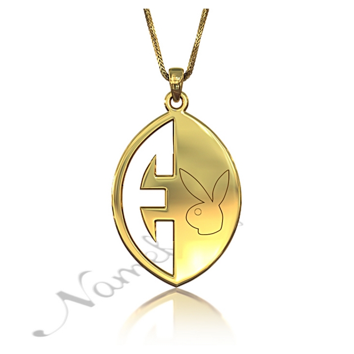 Initial Necklace with Playboy Bunny in 14k Yellow Gold - "E is for Exceptional" - 1