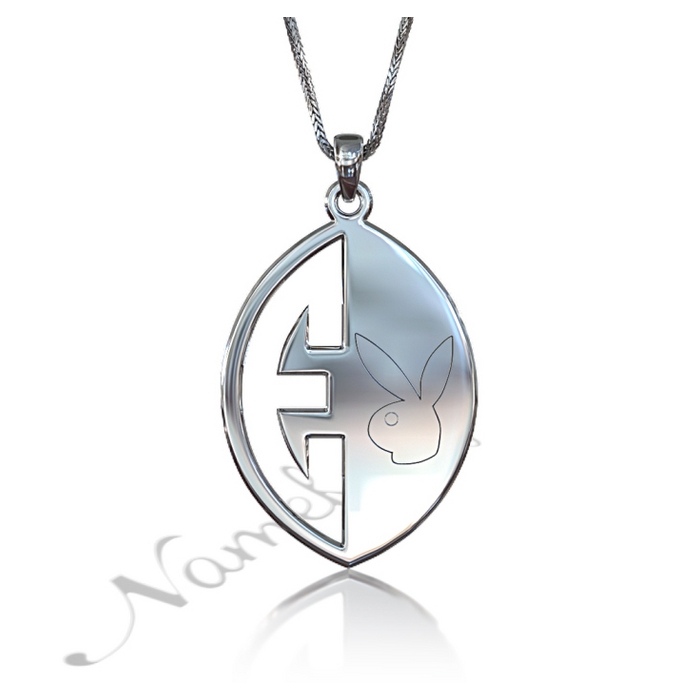 Initial Necklace with Playboy Bunny in 14k White Gold - "E is for Exceptional" - 1
