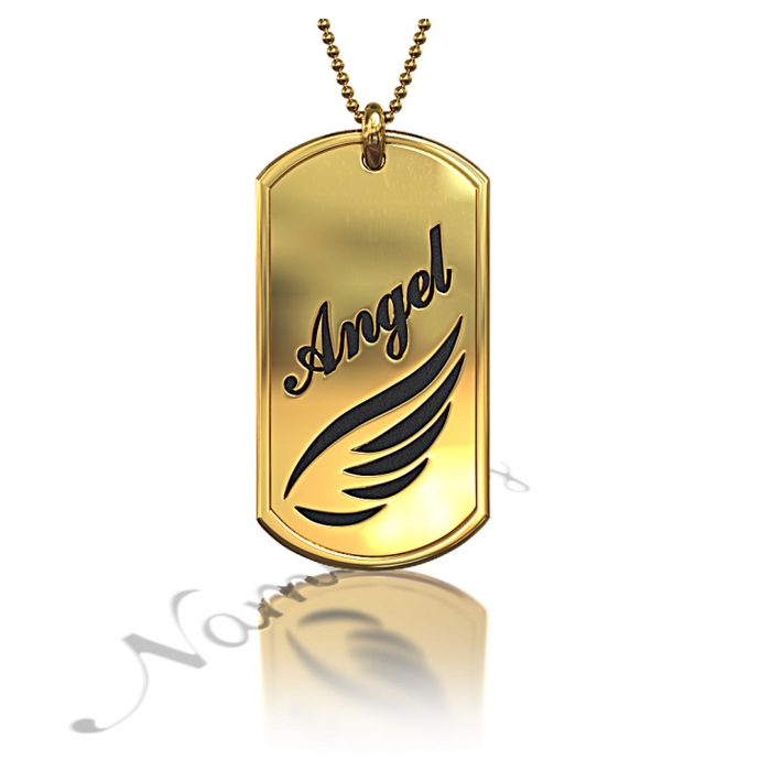 Dog Tag Pendant with "Angel" in Contrast Letters in 14k Yellow Gold - 1