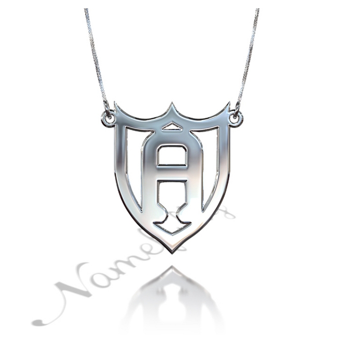 Initial Necklace with Shield-Shaped Pendant in 14k White Gold - "A Shield of Honor" - 1