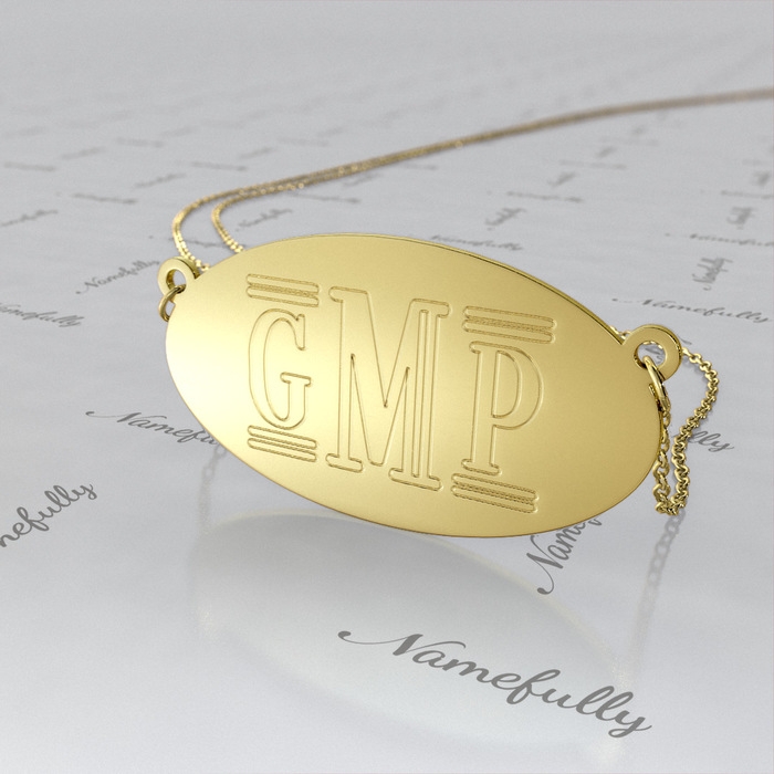 Monogram Necklace with Oval Plate in 14k Yellow Gold - "GMP" - 1