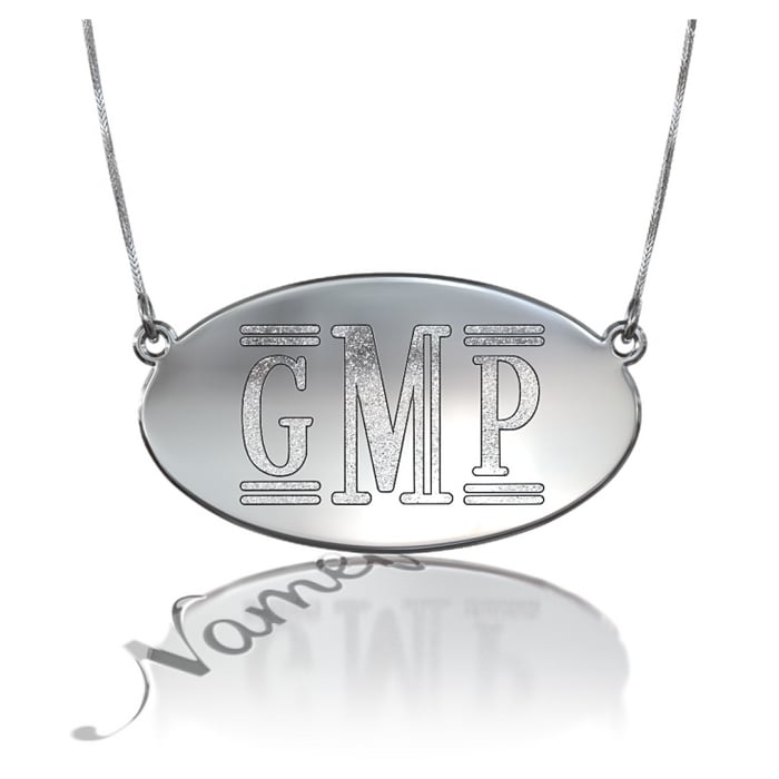 Monogram Necklace with Sparkling Oval Plate in Sterling Silver - "GMP" - 1