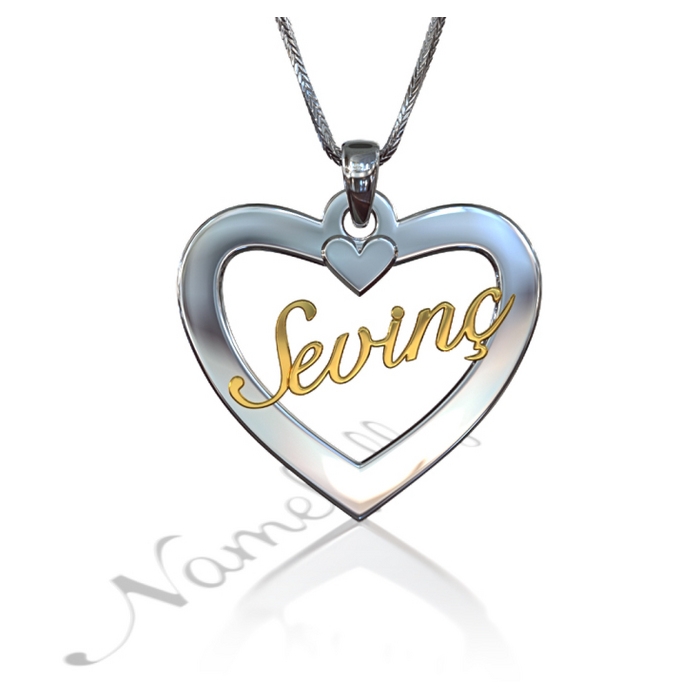 Turkish Name Necklace in Heart-Shaped Pendant - "Sevinc" (Two-Tone 14k Yellow & White Gold) - 1