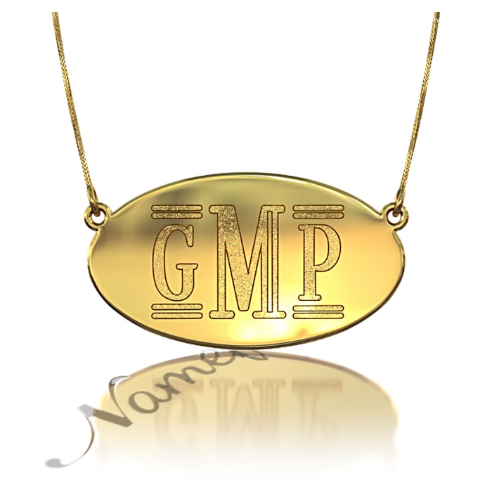 Monogram Necklace with Sparkling Oval Plate in 10k Yellow Gold - "GMP" - 1
